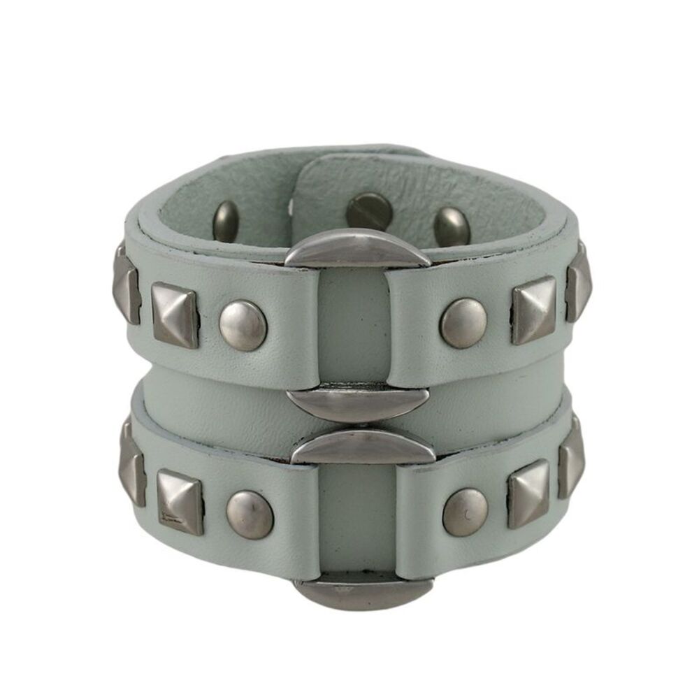 Gray Leather Double Chrome O Ring Wristband Bracelet